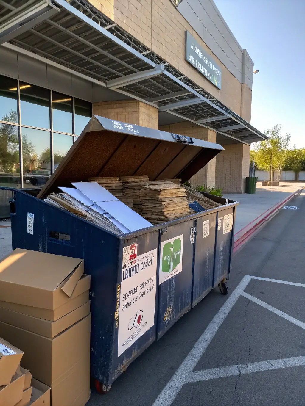An image of a commercial recycling bin filled with cardboard and paper, highlighting Grenelefe Recyclers' services for businesses.