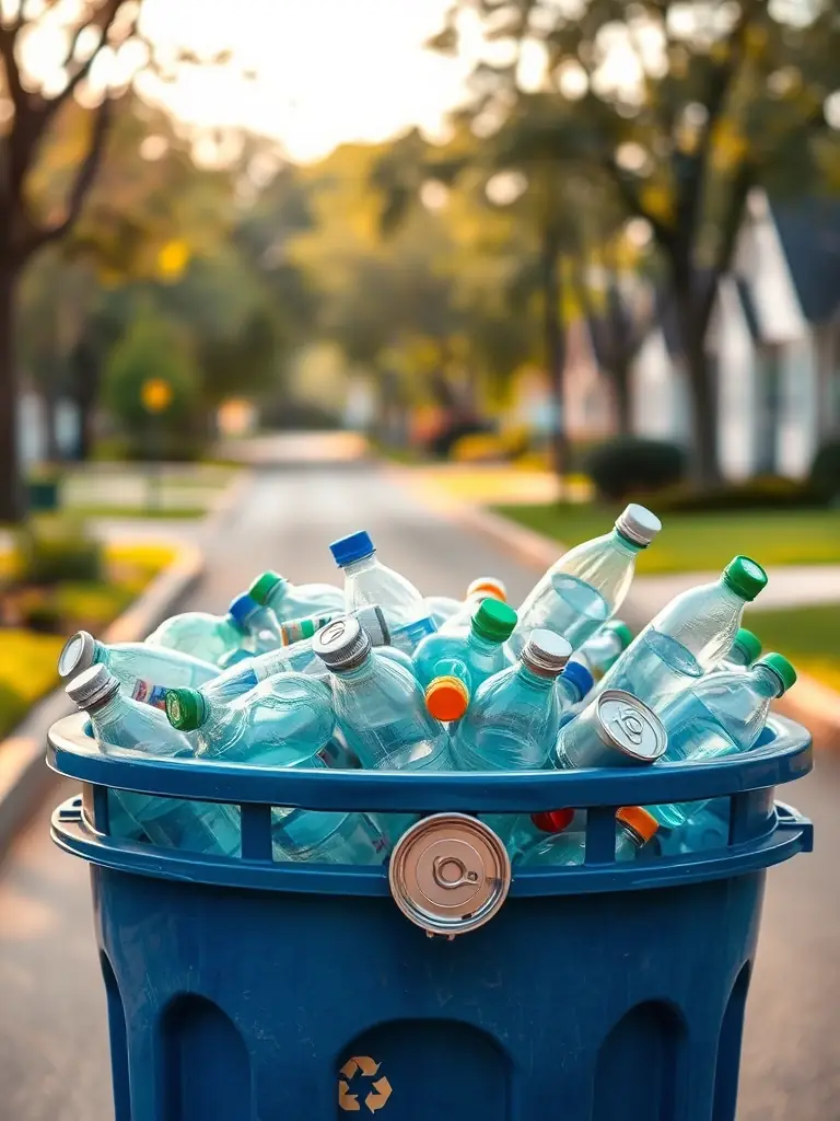 A photo showcasing a residential curbside recycling bin filled with plastic bottles and aluminum cans, highlighting the residential recycling program.