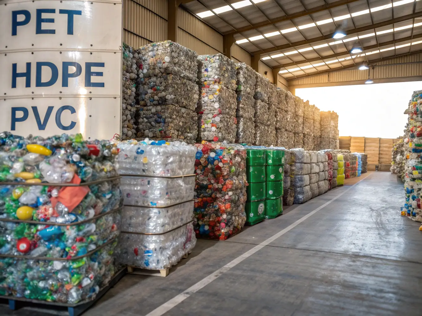 A collection of plastic bottles and containers sorted by type, showcasing the different plastics that can be recycled.