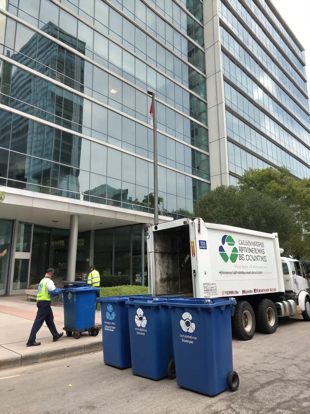 A photograph of a recycling truck collecting paper waste from an office building, emphasizing the commercial recycling service offered by Grenelefe Recyclers.