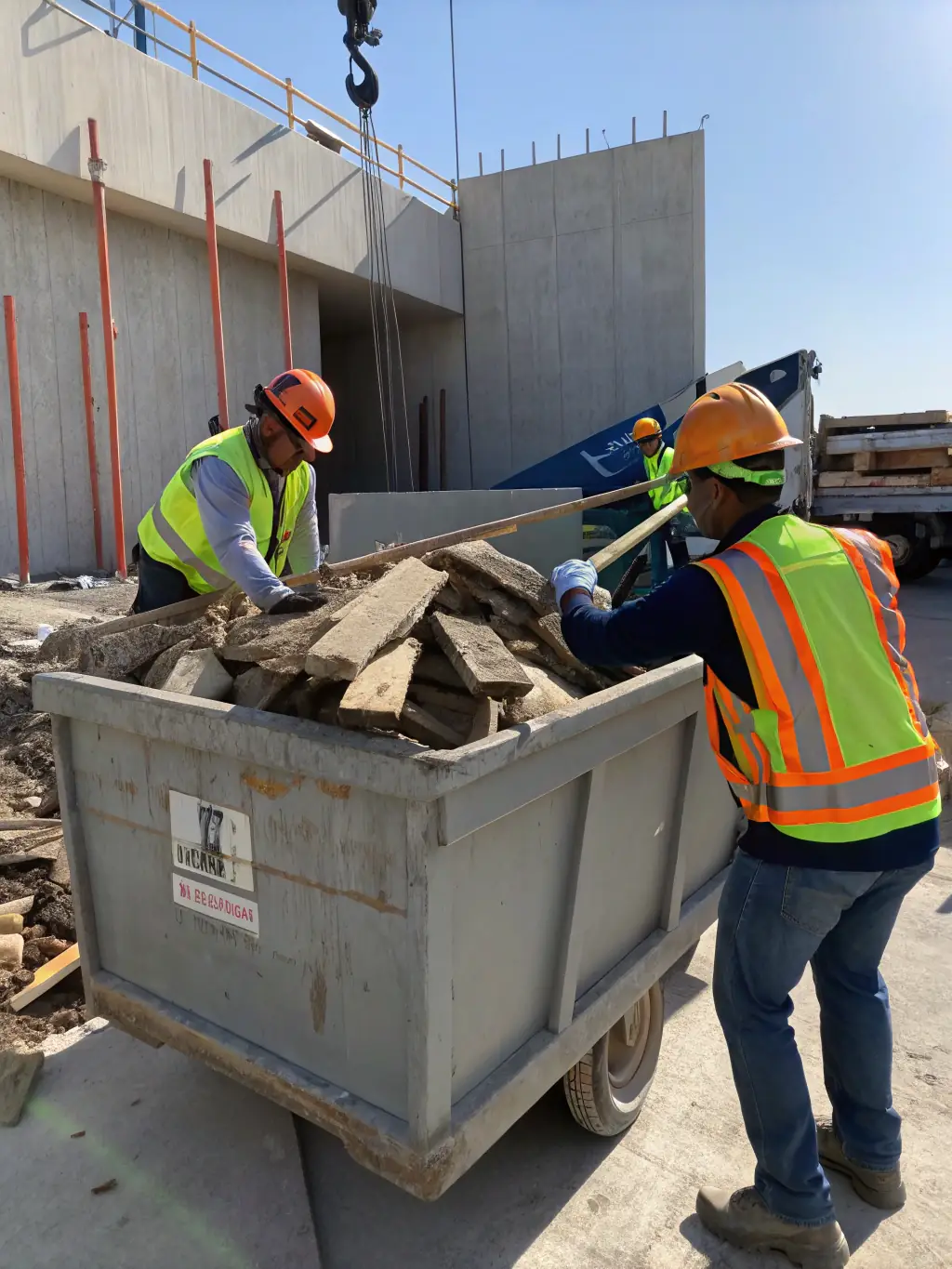A picture of a construction site with designated bins for recycling construction and demolition debris, emphasizing the C&D recycling service.